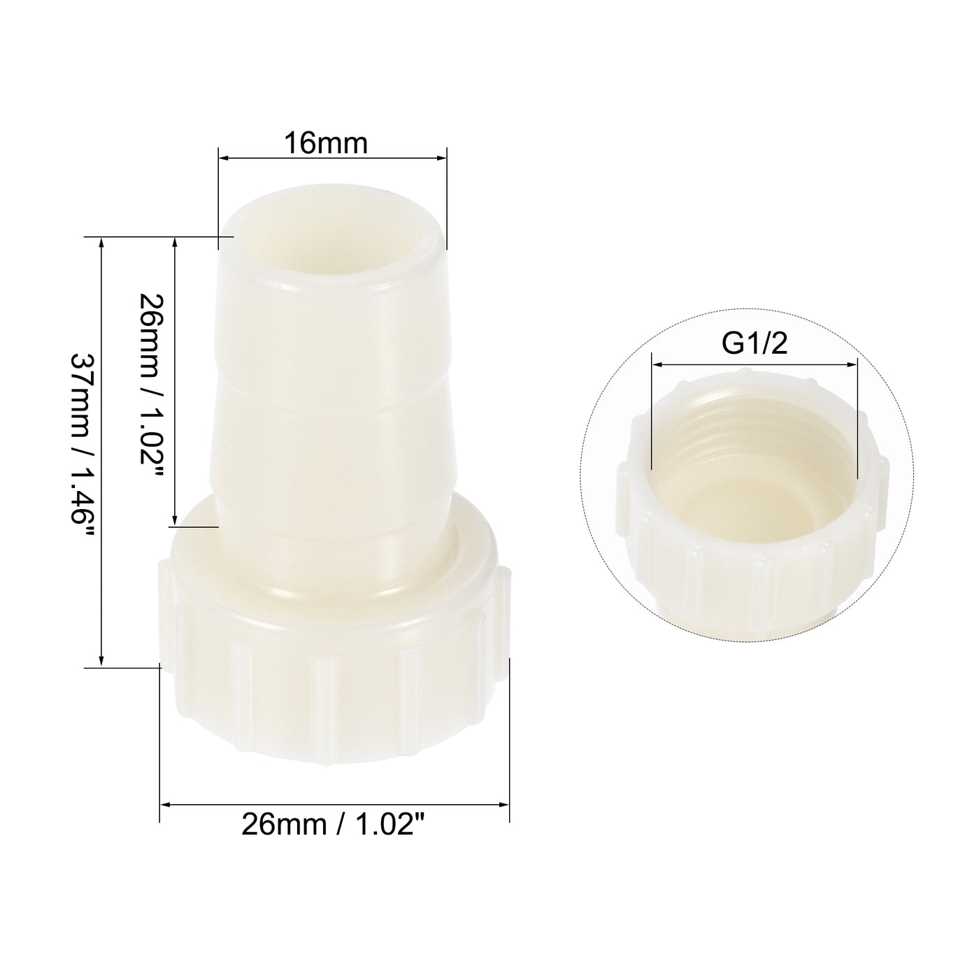 Uxcell Uxcell ABS Hose Barb Fitting Coupler, 16mm Barb x G1/2 Female Thread Pipe Adapter, White 2Pcs