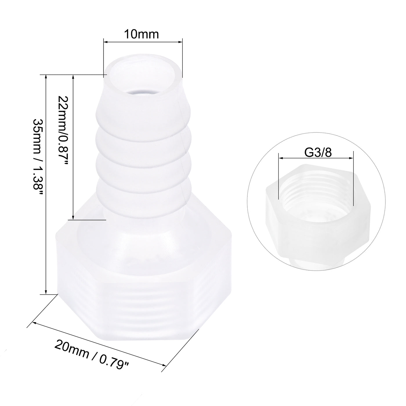 Uxcell Uxcell Polypropylene Hose Barb Fitting Coupler, 10mm Barb x G3/8 Female Thread Pipe Adapter, Translucent 2Pcs