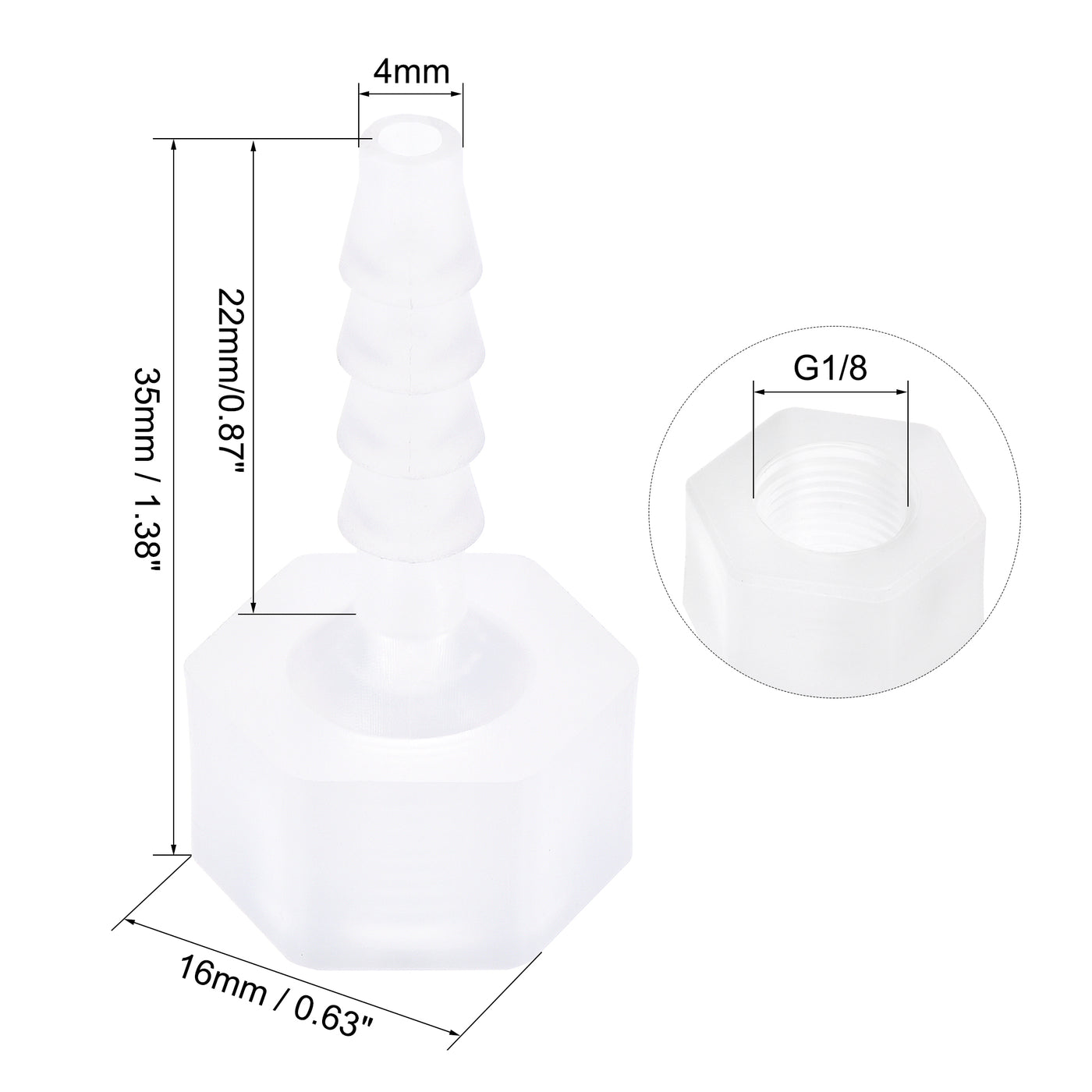 uxcell Uxcell Polypropylene Hose Barb Fitting Coupler, mm Barb x G1/8 Female Thread Pipe Adapter, Translucent 2Pcs