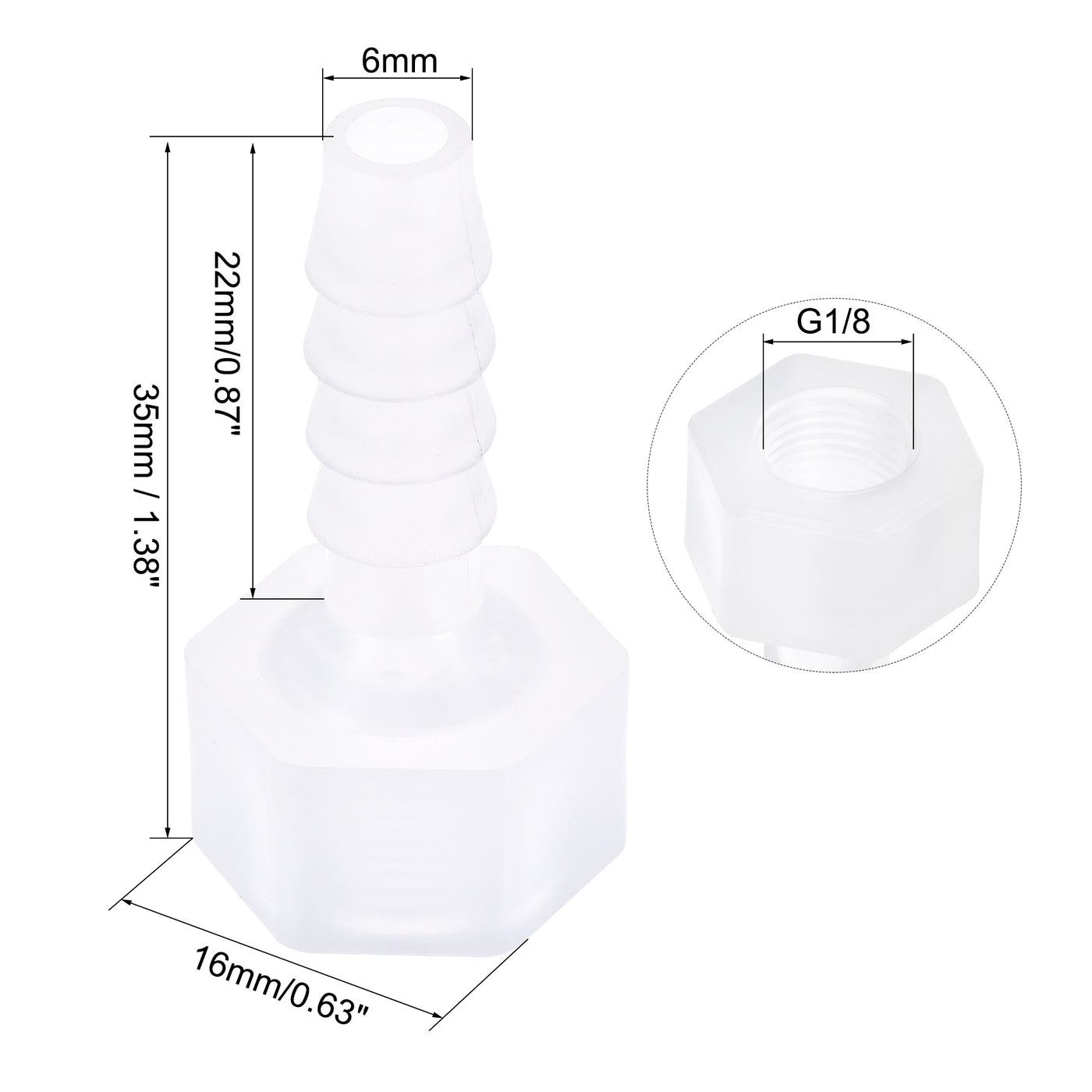 uxcell Uxcell Polypropylene Hose Barb Fitting Coupler, mm Barb x G1/8 Female Thread Pipe Adapter, Translucent 2Pcs