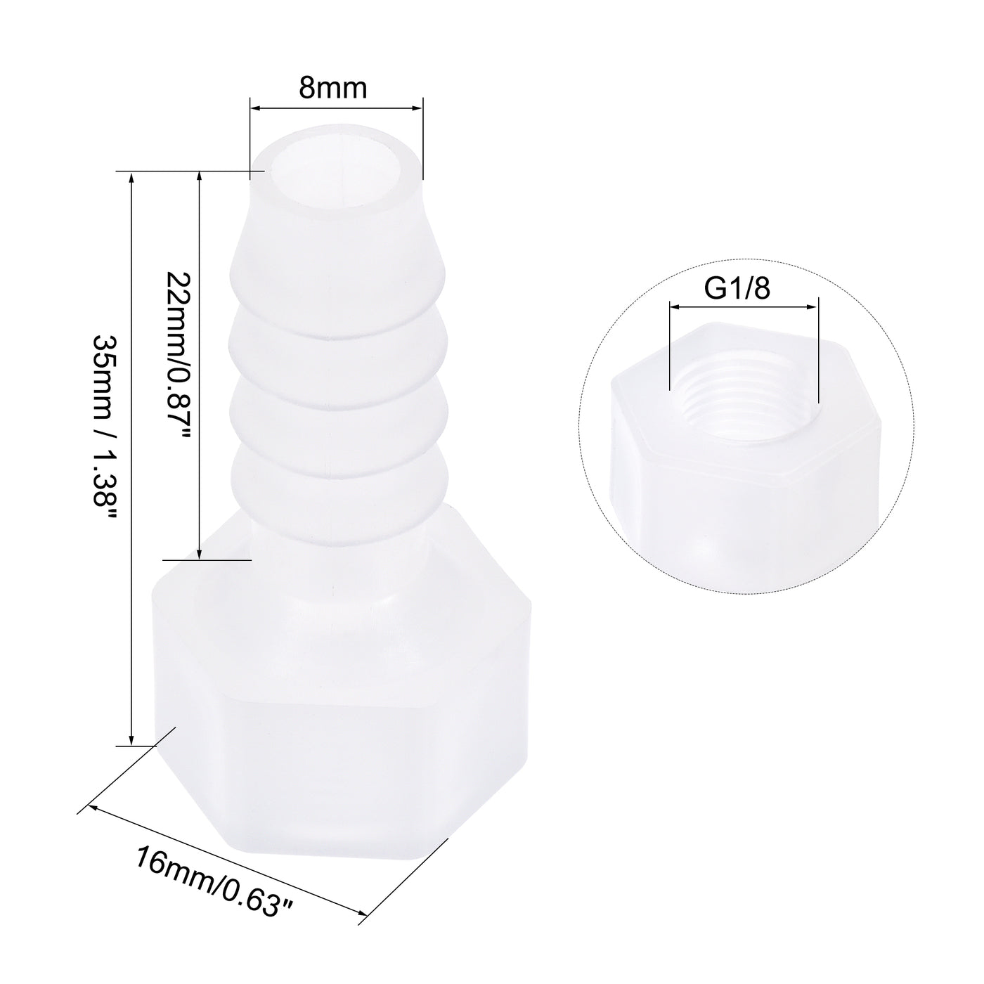 uxcell Uxcell Polypropylene Hose Barb Fitting Coupler, mm Barb x G1/8 Female Thread Pipe Adapter, Translucent 2Pcs