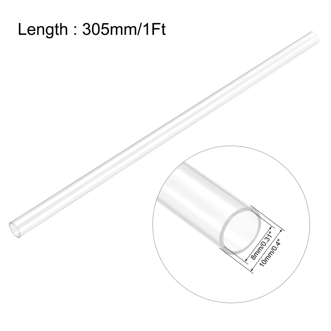 Uxcell Uxcell PC Rigid Round Clear Tubing 8mm(0.31 Inch)IDx10mm(0.4 Inch)ODx305mm(1Ft) Length Plastic Tube