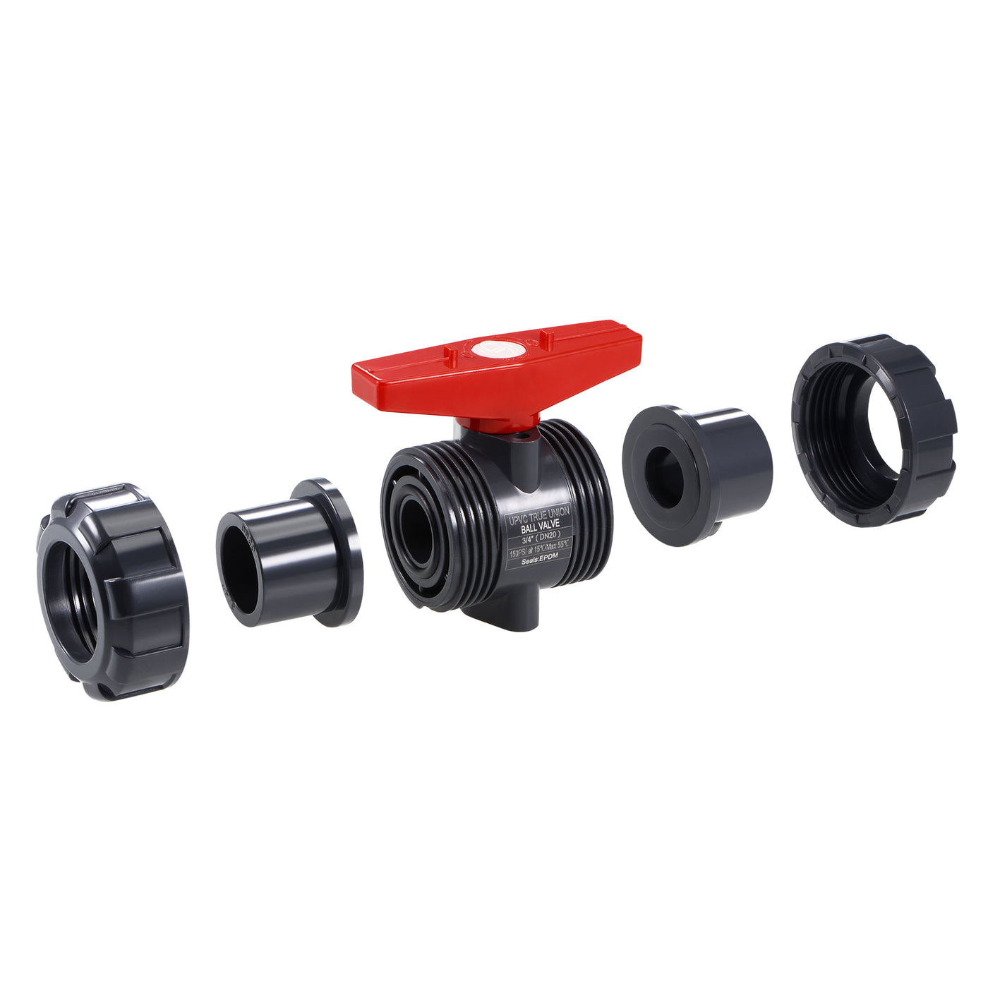 Uxcell Uxcell Ball Valve, 3/4" Slip PVC Socket End True Union Valve, EPDM Seal O-ring, 150 PSI at 59F Gray Red