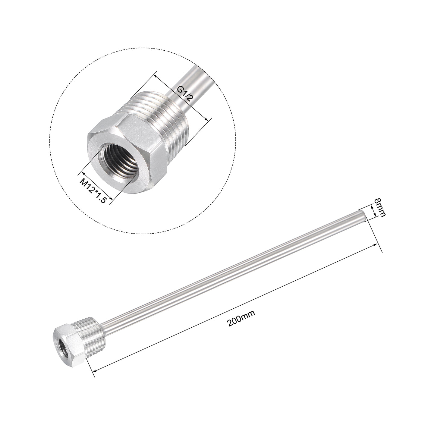 uxcell Uxcell 8mm Dia G1/2 Thermowell Weldless Stainless Steel 201 200mm Length for Beer Fermenter