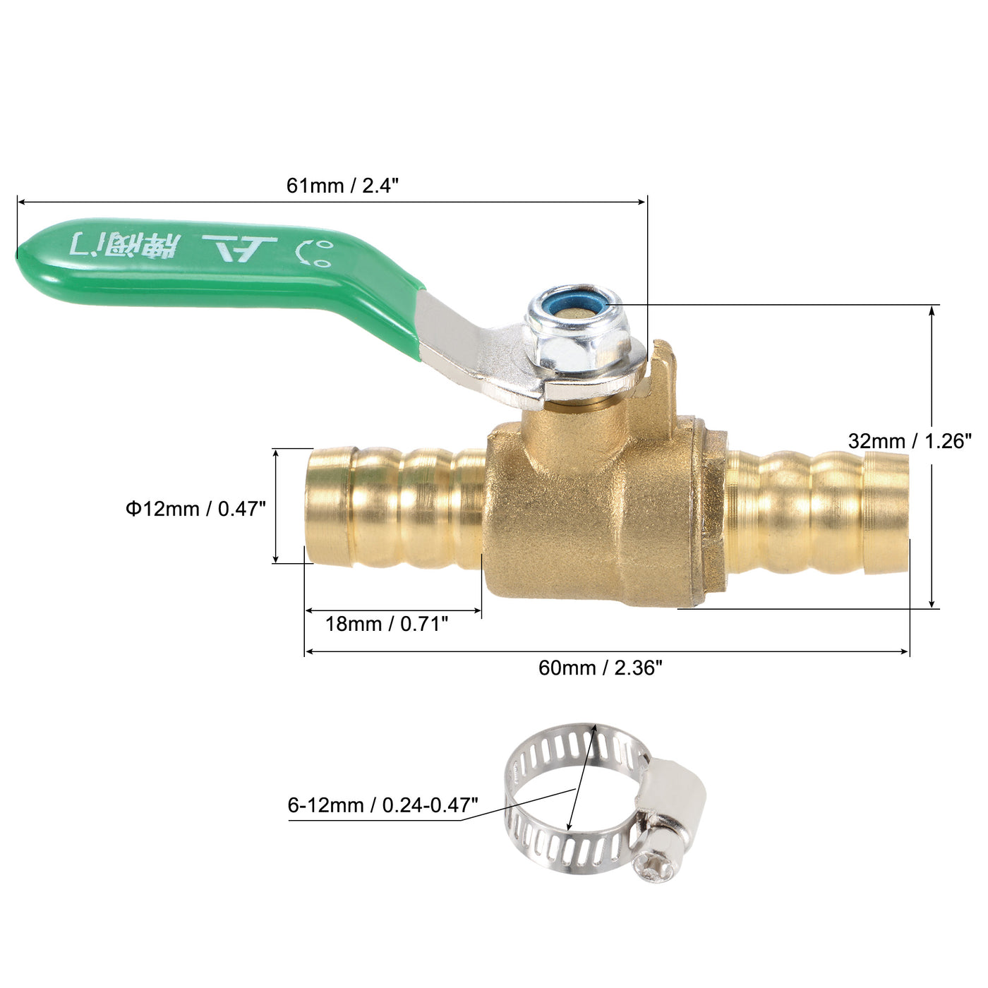 Uxcell Uxcell Brass Air Ball Valve Shut Off Switch 12mm Hose Barb to 12mm Hose Barb with Clamps Green Handle