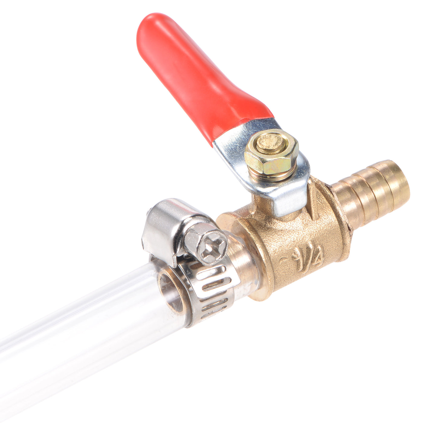 Uxcell Uxcell Brass Air Ball Valve Shut Off Switch 10mm Hose Barb to 10mm Hose Barb with Clamps Red Handle