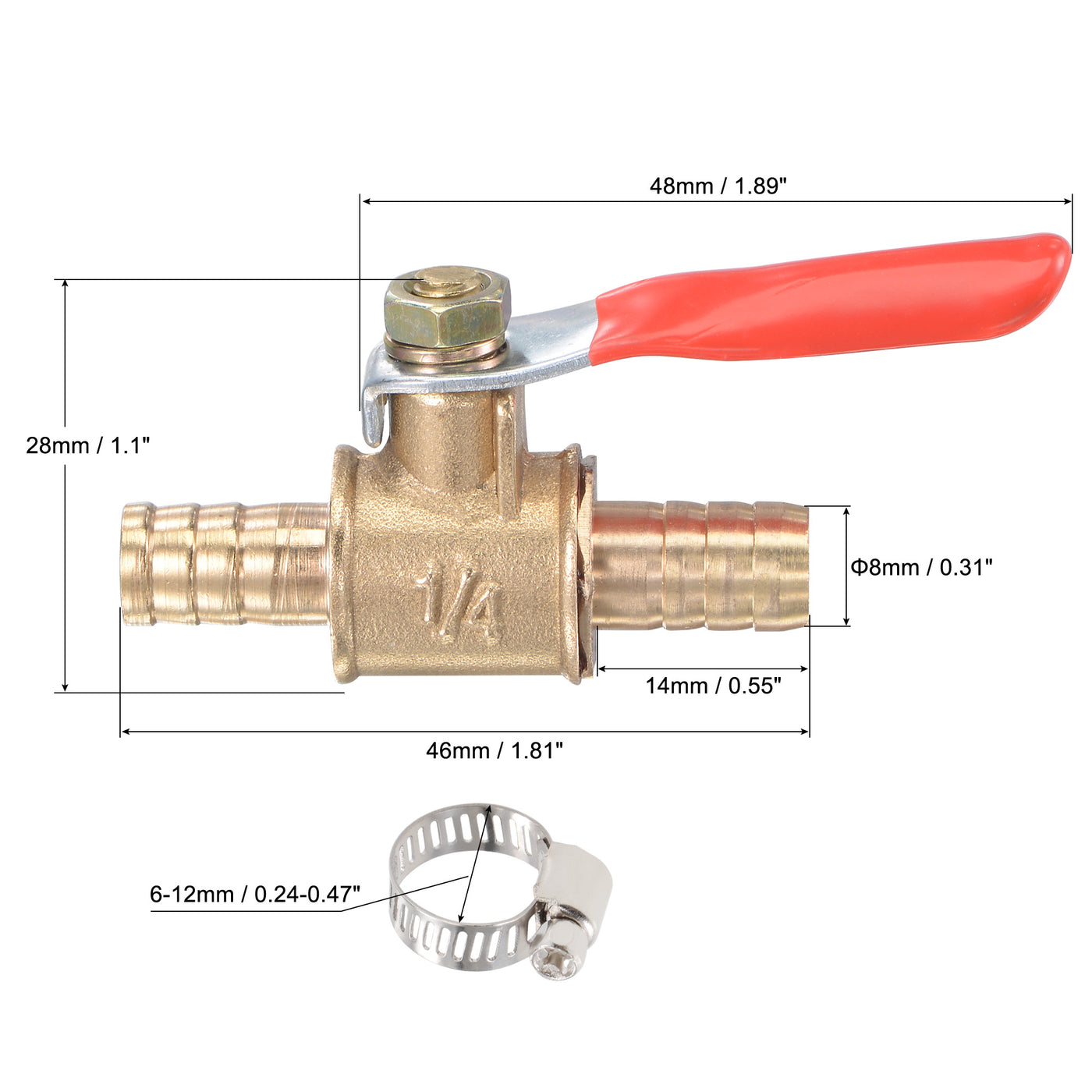 Uxcell Uxcell Brass Air Ball Valve Shut Off Switch 10mm Hose Barb to 10mm Hose Barb with Clamps Red Handle