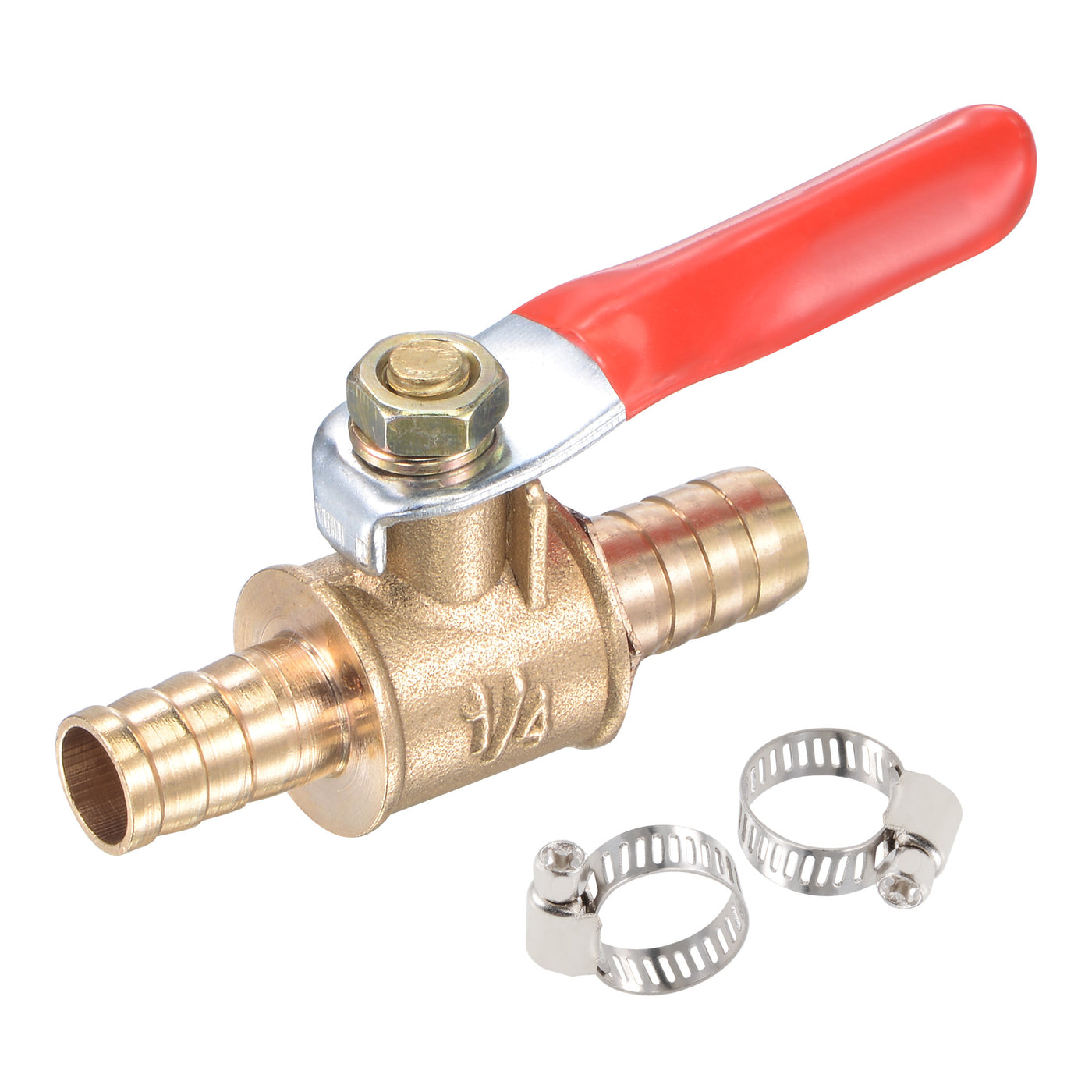 Uxcell Uxcell Brass Air Ball Valve Shut Off Switch 10mm Hose Barb to 10mm Hose Barb with Clamps Red Handle