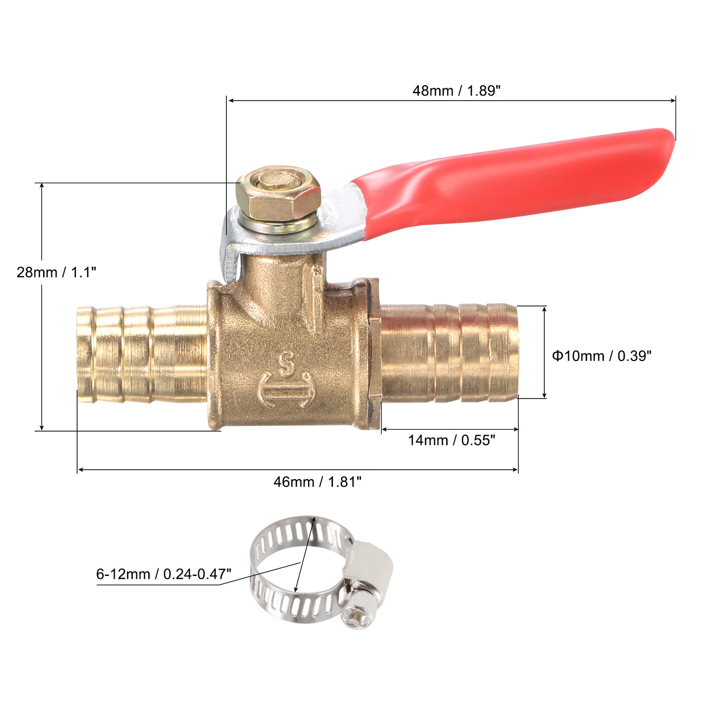 Uxcell Uxcell Brass Air Ball Valve Shut Off Switch 10mm Hose Barb to 10mm Hose Barb with Clamps Red Handle