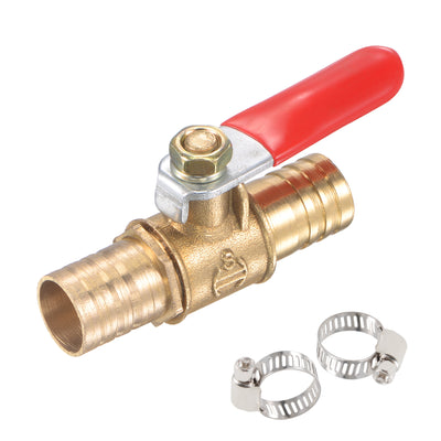 Harfington Uxcell Brass Air Ball Valve Shut Off Switch 10mm Hose Barb to 10mm Hose Barb with Clamps Red Handle