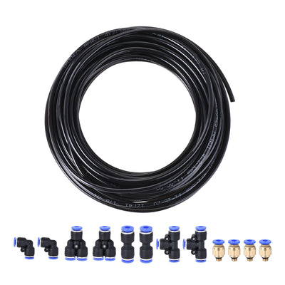 Harfington Uxcell Pneumatic 4mm OD PU Air Tubing Kit Hose Air Line Tubing 10M Black with Push to Connect Fittings