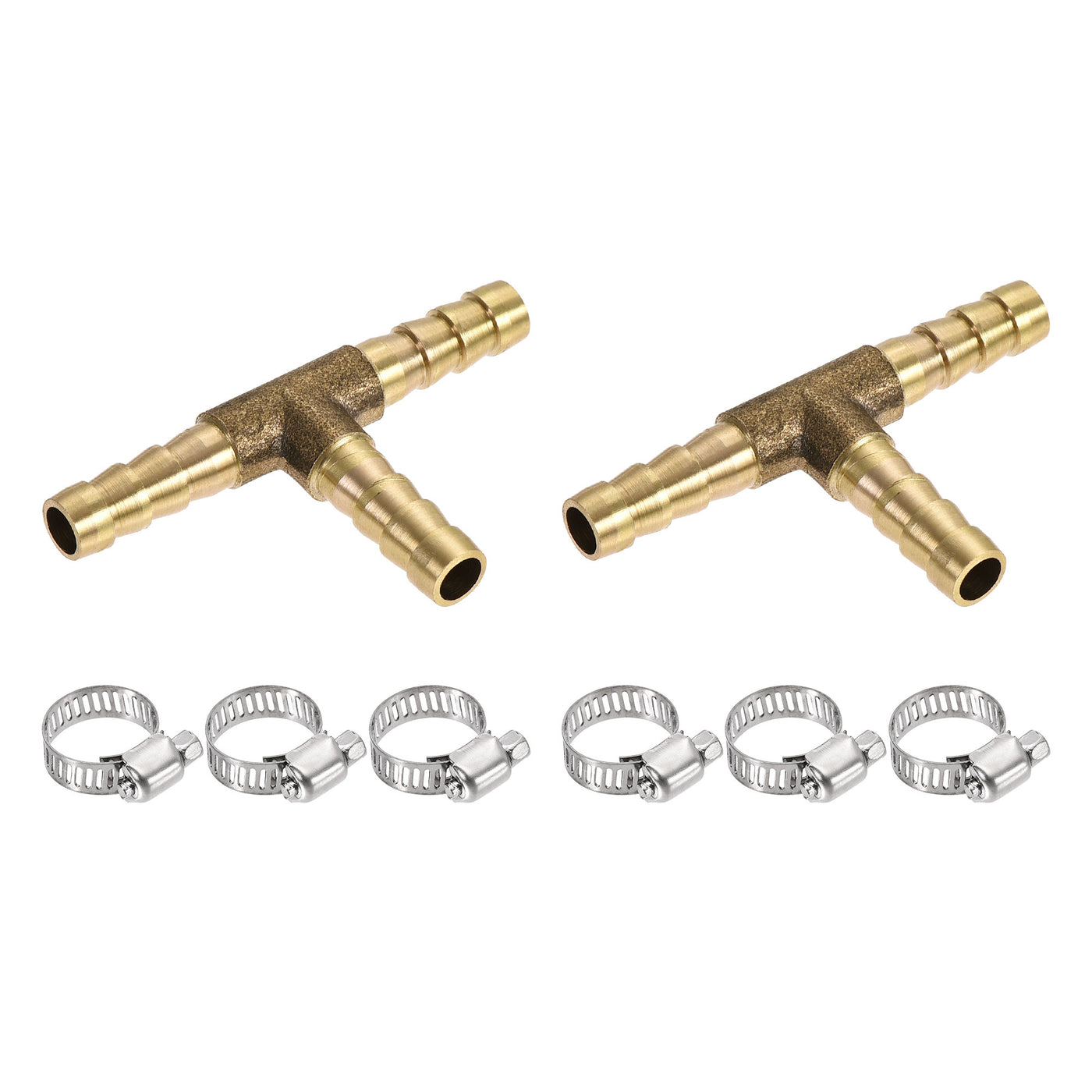 Uxcell Uxcell Barb Hose Fitting 16mm OD Tee T Shape Pipe Connector Brass 2Pcs with 6Pcs 13-19mm Hose Clamps