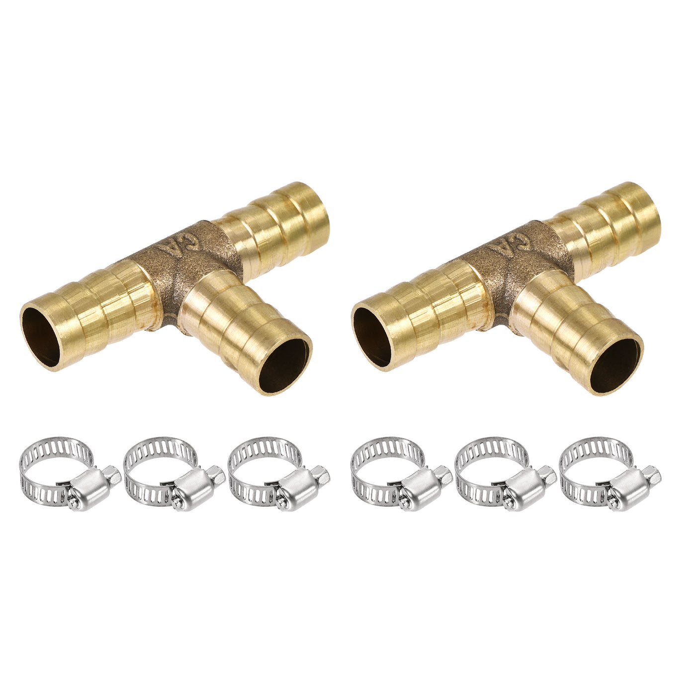 Uxcell Uxcell Barb Hose Fitting 16mm OD Tee T Shape Pipe Connector Brass 2Pcs with 6Pcs 13-19mm Hose Clamps