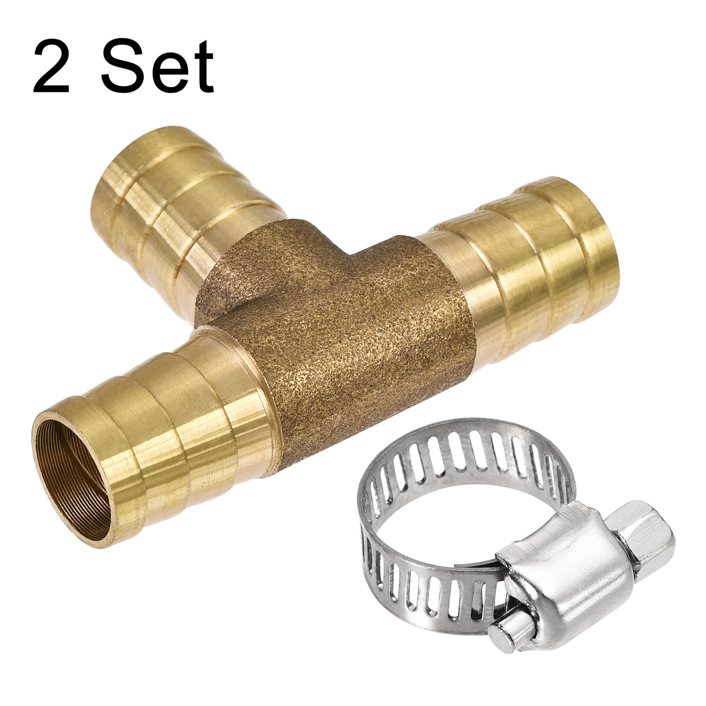 Uxcell Uxcell Barb Hose Fitting 16mm OD Tee T Shape Pipe Connector Brass 2Pcs with 6Pcs 13-19mm Hose Clamps