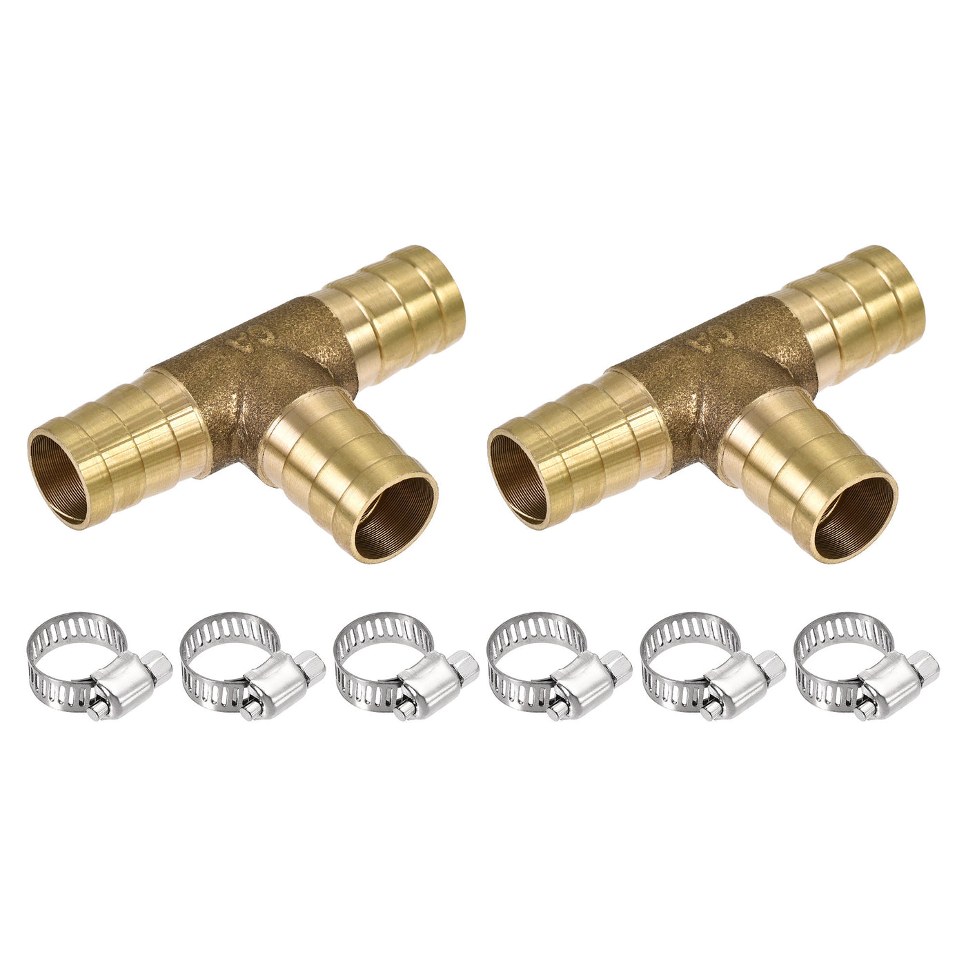 Uxcell Uxcell Barb Hose Fitting 16mm OD Tee T Shape Pipe Connector Brass 2Pcs with 6Pcs 13-19mm Hose Clamps