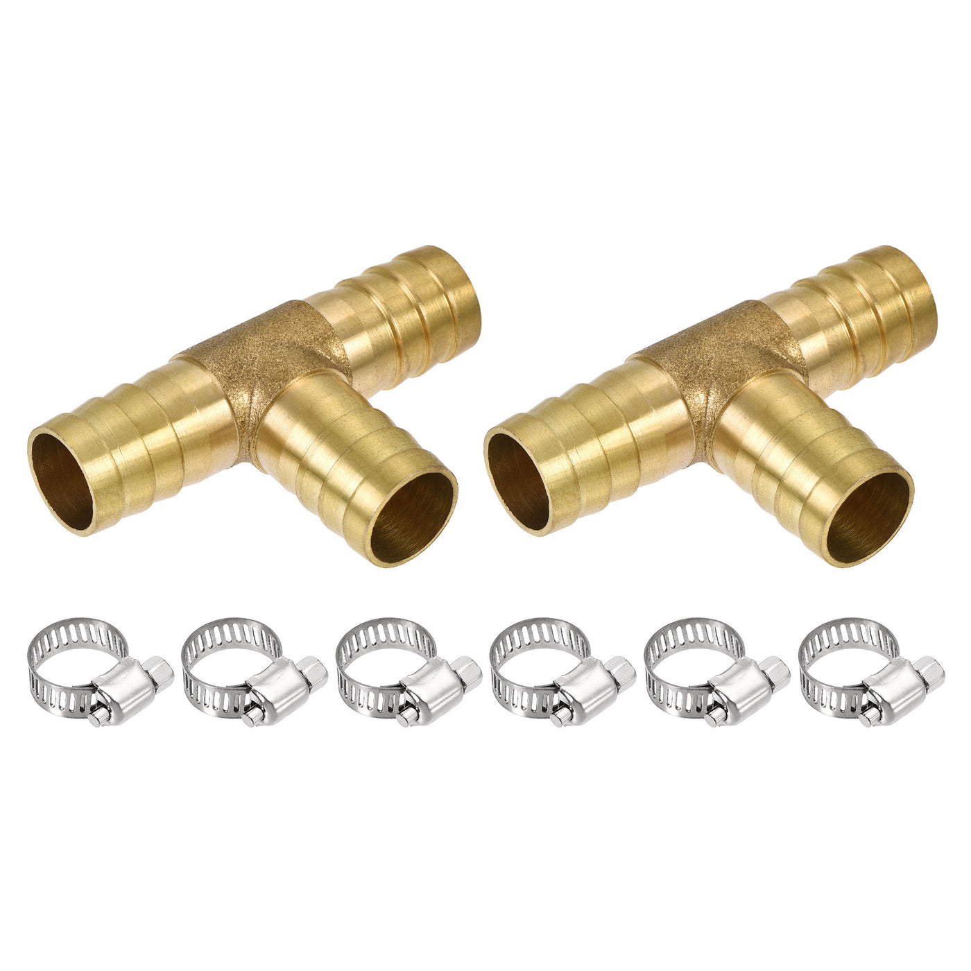 Uxcell Uxcell Barb Hose Fitting 16mm OD Tee T Shape Pipe Connector Brass 2Pcs with 6Pcs 13-19mm Hose Clamps