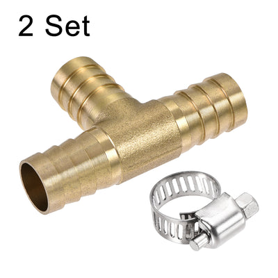 Harfington Uxcell Barb Hose Fitting 16mm OD Tee T Shape Pipe Connector Brass 2Pcs with 6Pcs 13-19mm Hose Clamps