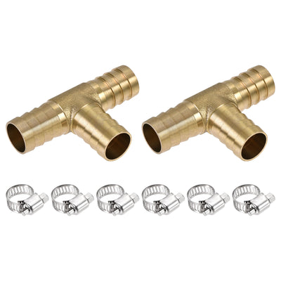 Harfington Uxcell Barb Hose Fitting 16mm OD Tee T Shape Pipe Connector Brass 2Pcs with 6Pcs 13-19mm Hose Clamps