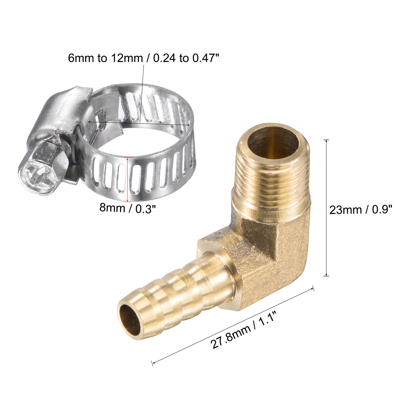 Uxcell Uxcell Brass Hose Barb Fitting Elbow 6mm x G3/8 Male Thread Right Angle Pipe Connector with Stainless Steel Hose Clamp, Pack of 2