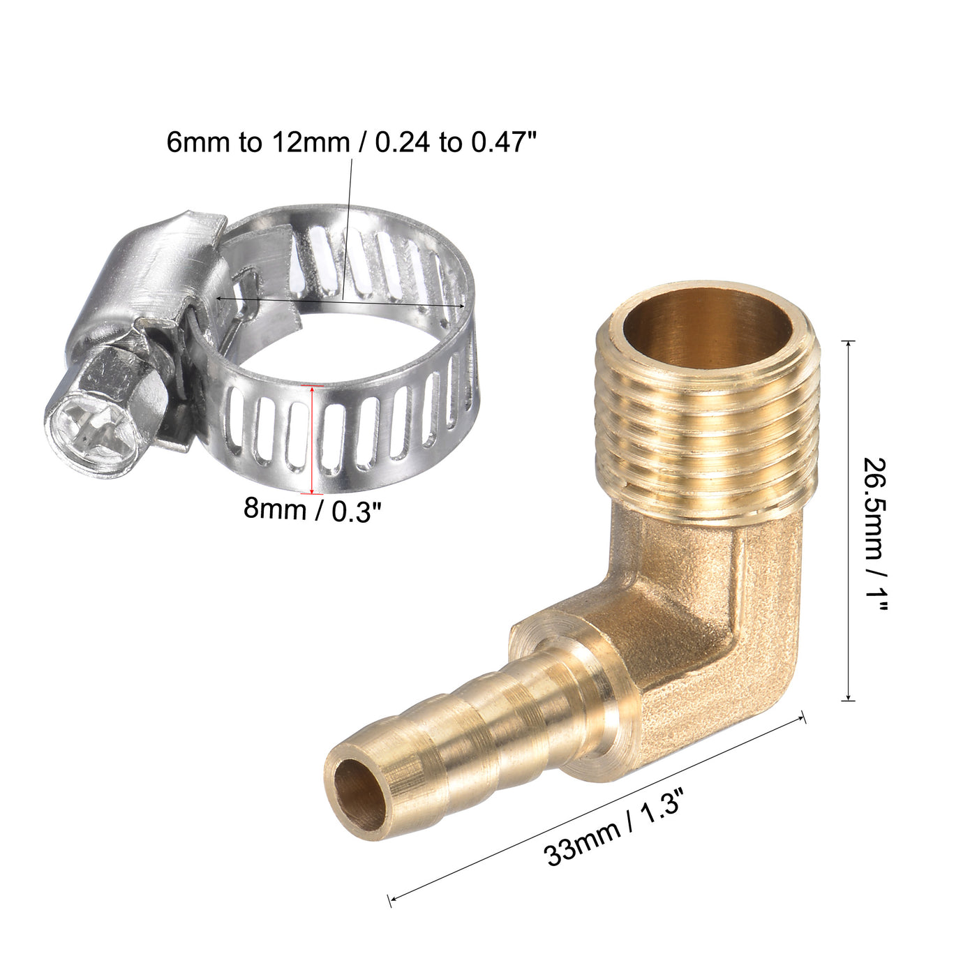 Uxcell Uxcell Brass Hose Barb Fitting Elbow 6mm x G3/8 Male Thread Right Angle Pipe Connector with Stainless Steel Hose Clamp, Pack of 2