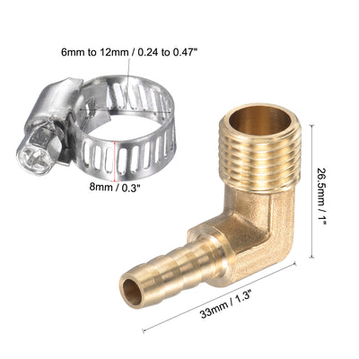 Harfington Uxcell Brass Hose Barb Fitting Elbow 6mm x G3/8 Male Thread Right Angle Pipe Connector with Stainless Steel Hose Clamp, Pack of 2