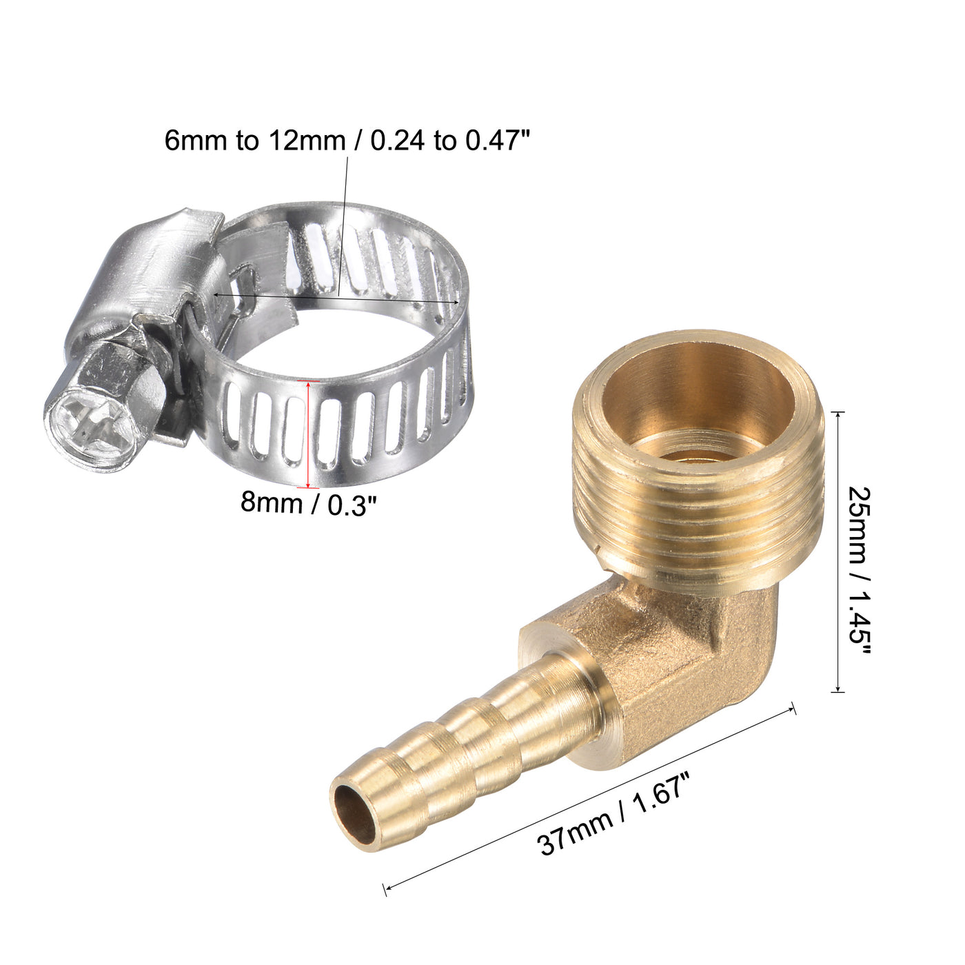 Uxcell Uxcell Brass Hose Barb Fitting Elbow 6mm x G3/8 Male Thread Right Angle Pipe Connector with Stainless Steel Hose Clamp, Pack of 2