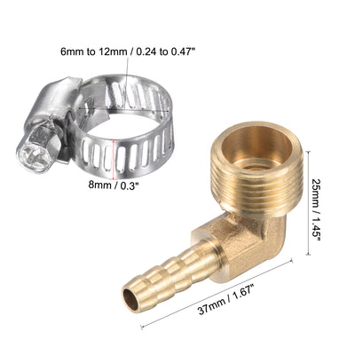 Harfington Uxcell Brass Hose Barb Fitting Elbow 6mm x G3/8 Male Thread Right Angle Pipe Connector with Stainless Steel Hose Clamp, Pack of 2