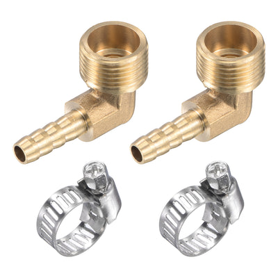 Harfington Uxcell Brass Hose Barb Fitting Elbow 6mm x G3/8 Male Thread Right Angle Pipe Connector with Stainless Steel Hose Clamp, Pack of 2