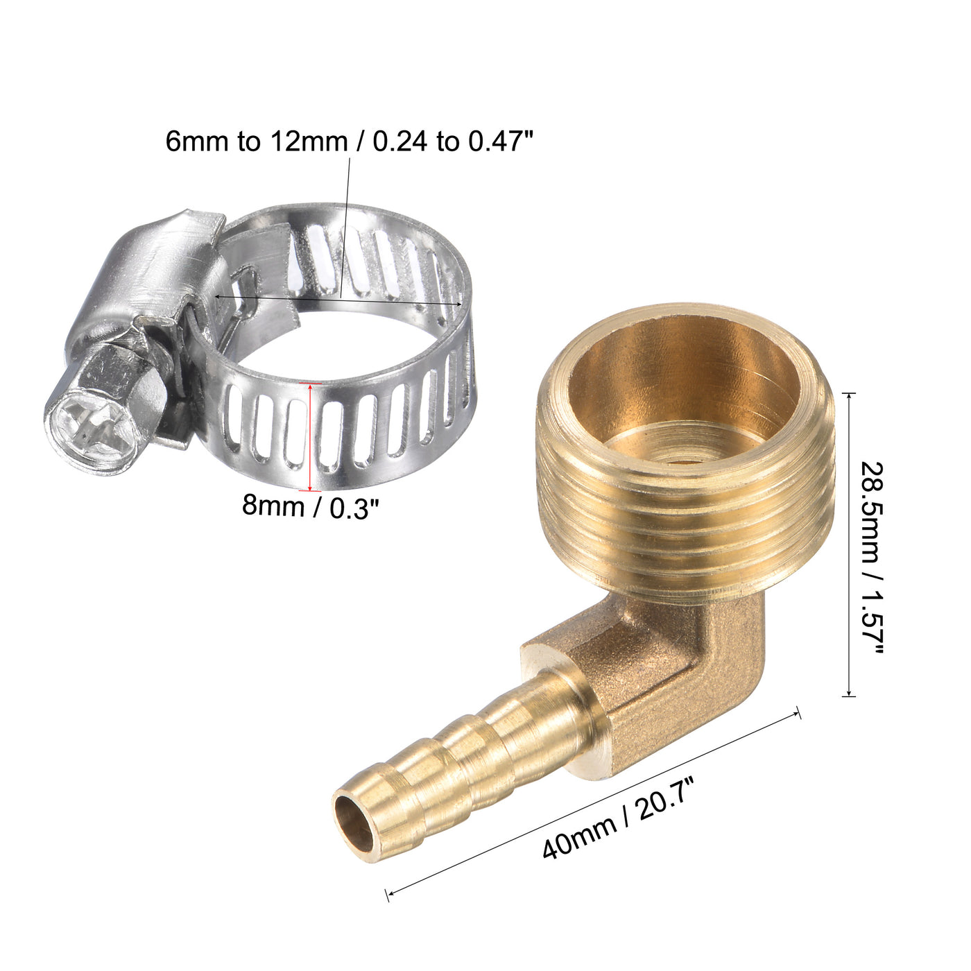 Uxcell Uxcell Brass Hose Barb Fitting Elbow 6mm x G3/8 Male Thread Right Angle Pipe Connector with Stainless Steel Hose Clamp, Pack of 2