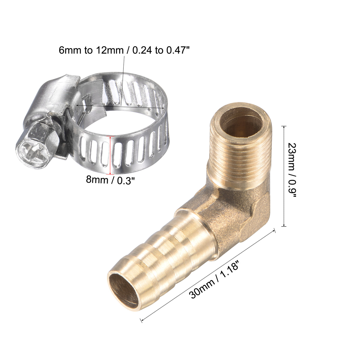 Uxcell Uxcell Brass Hose Barb Fitting Elbow 8mm x G1/2 Male Thread Right Angle Pipe Connector with Stainless Steel Hose Clamp, Pack of 2