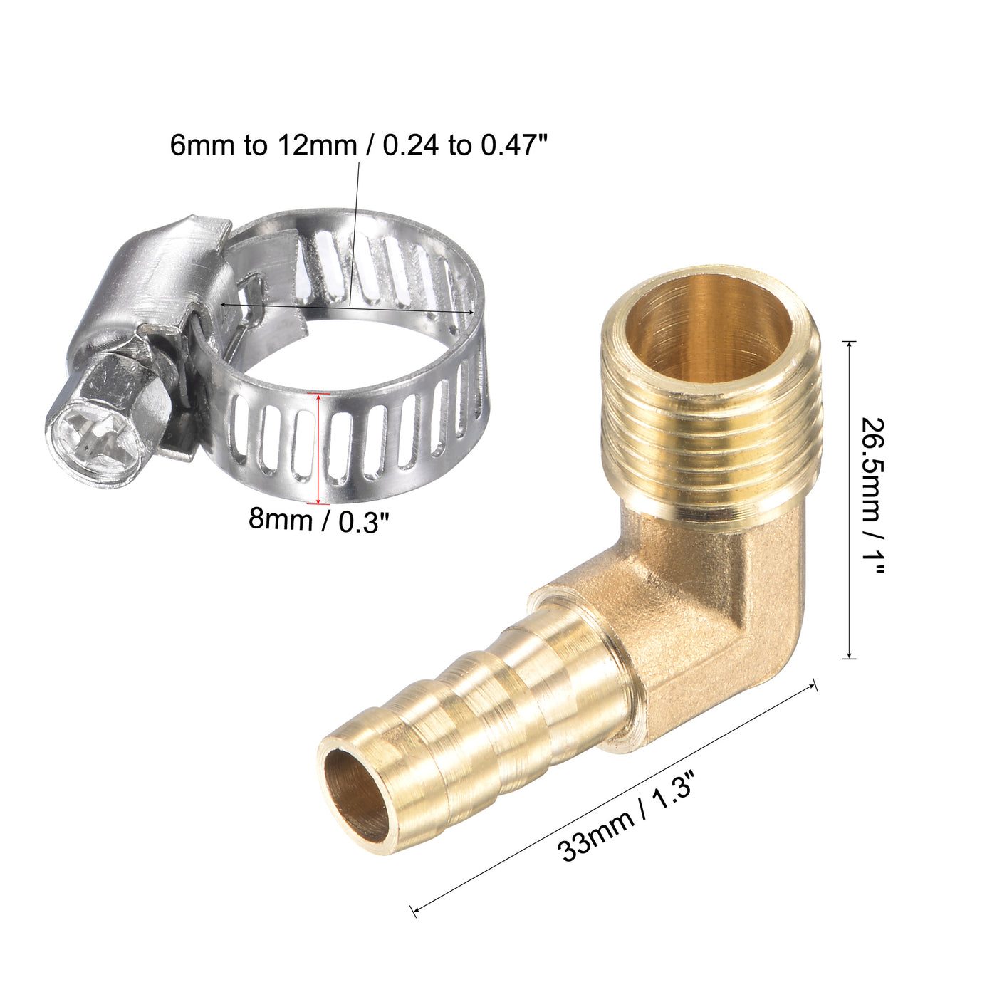 Uxcell Uxcell Brass Hose Barb Fitting Elbow 8mm x G1/2 Male Thread Right Angle Pipe Connector with Stainless Steel Hose Clamp, Pack of 2