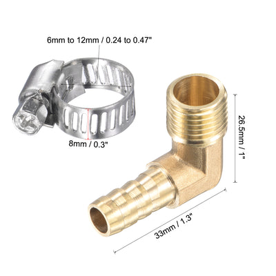 Harfington Uxcell Brass Hose Barb Fitting Elbow 8mm x G1/2 Male Thread Right Angle Pipe Connector with Stainless Steel Hose Clamp, Pack of 2