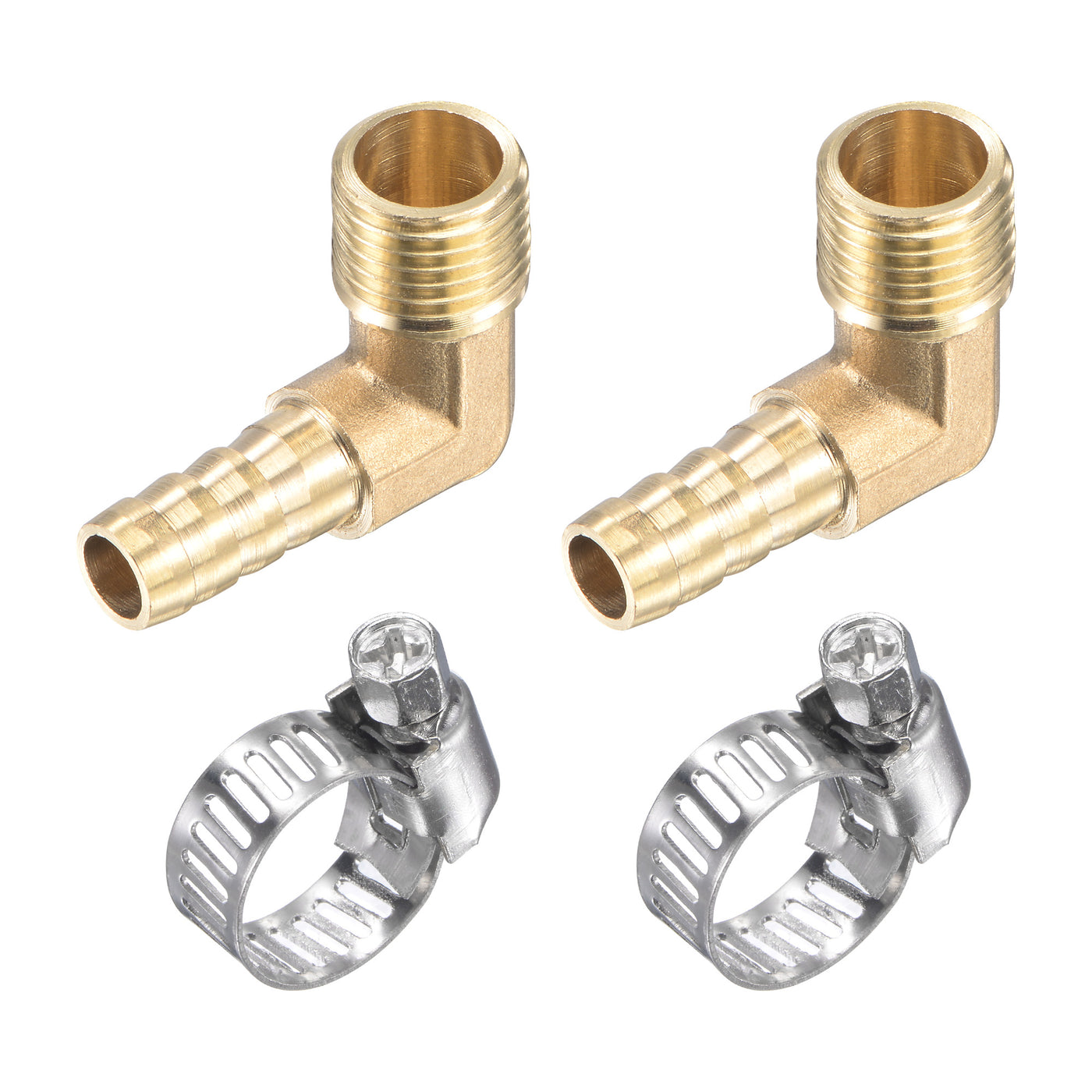 Uxcell Uxcell Brass Hose Barb Fitting Elbow 8mm x G1/2 Male Thread Right Angle Pipe Connector with Stainless Steel Hose Clamp, Pack of 2