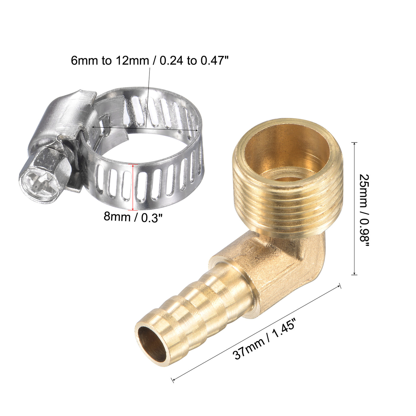 Uxcell Uxcell Brass Hose Barb Fitting Elbow 8mm x G1/2 Male Thread Right Angle Pipe Connector with Stainless Steel Hose Clamp, Pack of 2