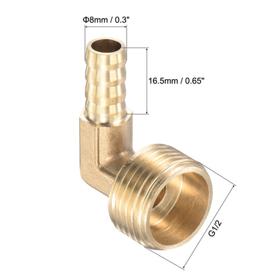 Harfington Uxcell Brass Hose Barb Fitting Elbow 8mm x G1/2 Male Thread Right Angle Pipe Connector with Stainless Steel Hose Clamp, Pack of 2