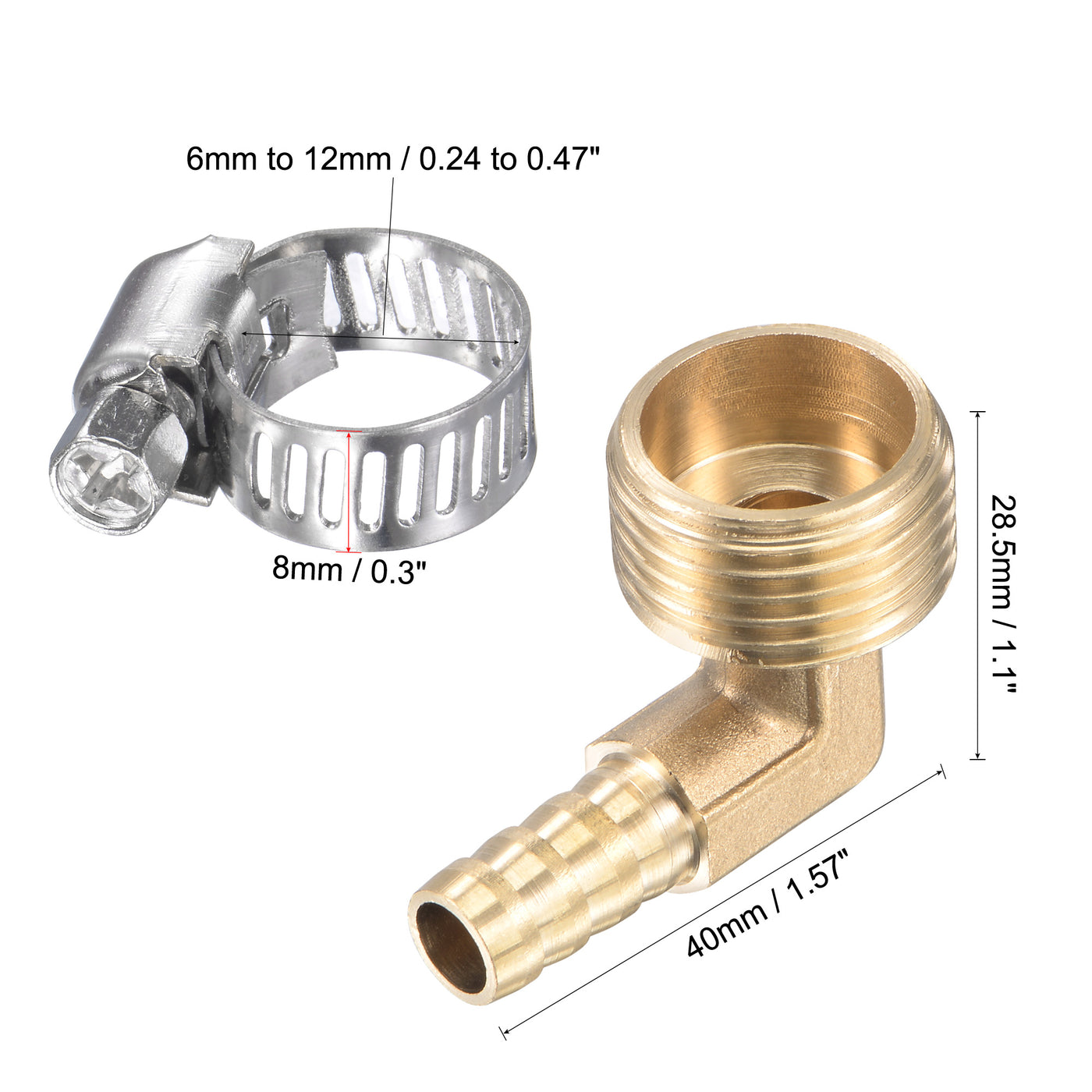 Uxcell Uxcell Brass Hose Barb Fitting Elbow 8mm x G1/2 Male Thread Right Angle Pipe Connector with Stainless Steel Hose Clamp, Pack of 2