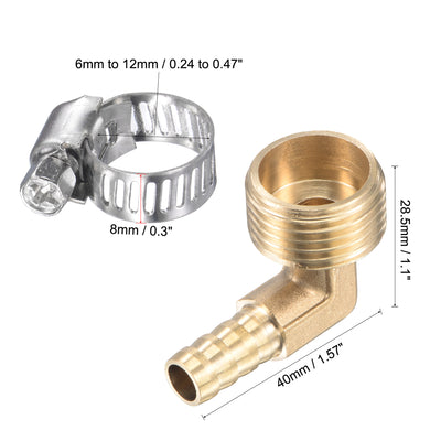 Harfington Uxcell Brass Hose Barb Fitting Elbow 8mm x G1/2 Male Thread Right Angle Pipe Connector with Stainless Steel Hose Clamp, Pack of 2