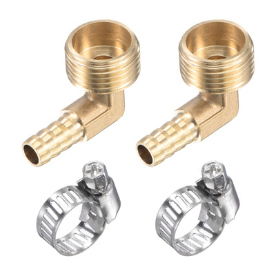 Harfington Uxcell Brass Hose Barb Fitting Elbow 8mm x G1/2 Male Thread Right Angle Pipe Connector with Stainless Steel Hose Clamp, Pack of 2