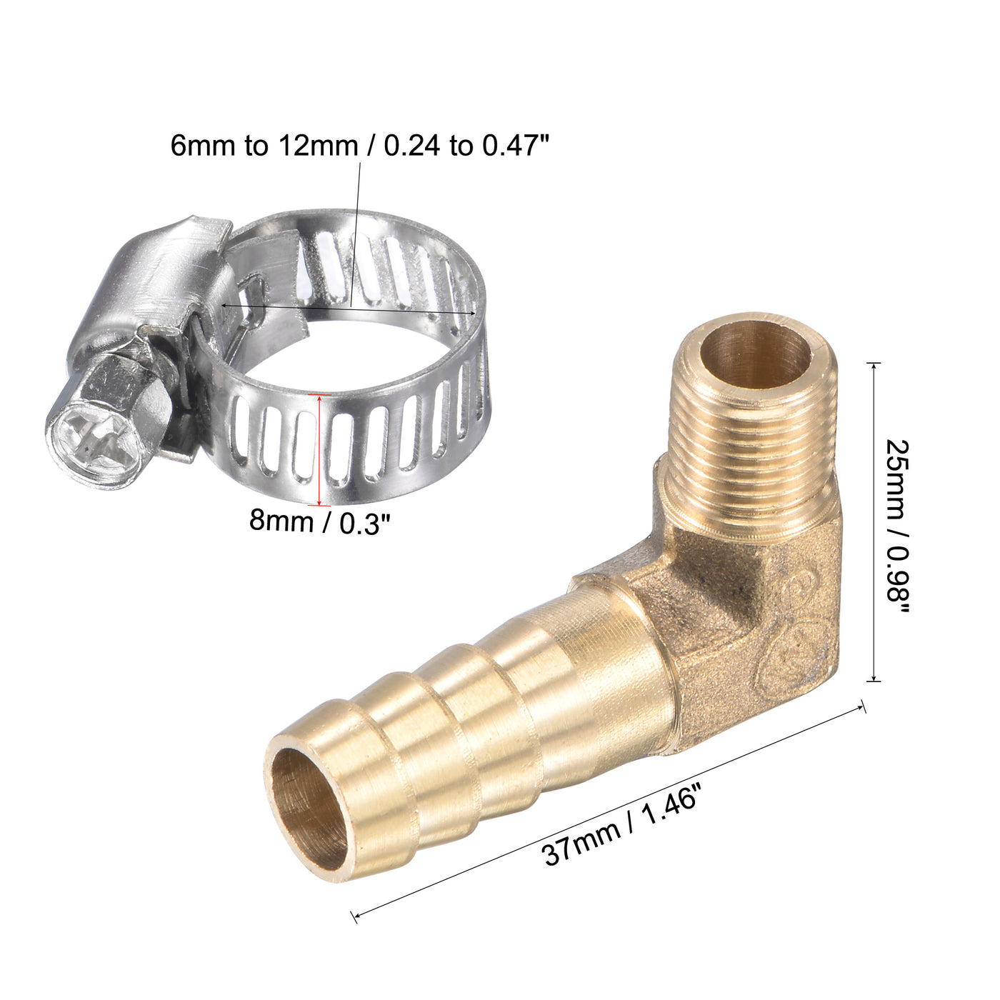 uxcell Uxcell Brass Hose Barbed Fitting Elbow Right Angle Pipe Connector with Stainless Steel Hose Clamps