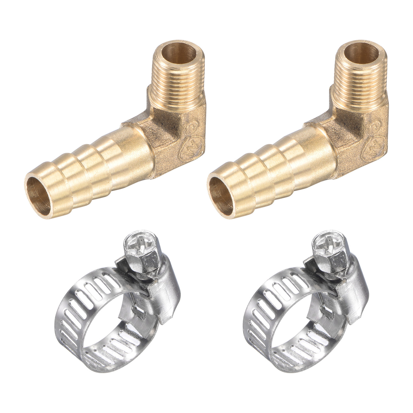 uxcell Uxcell Brass Hose Barbed Fitting Elbow Right Angle Pipe Connector with Stainless Steel Hose Clamps