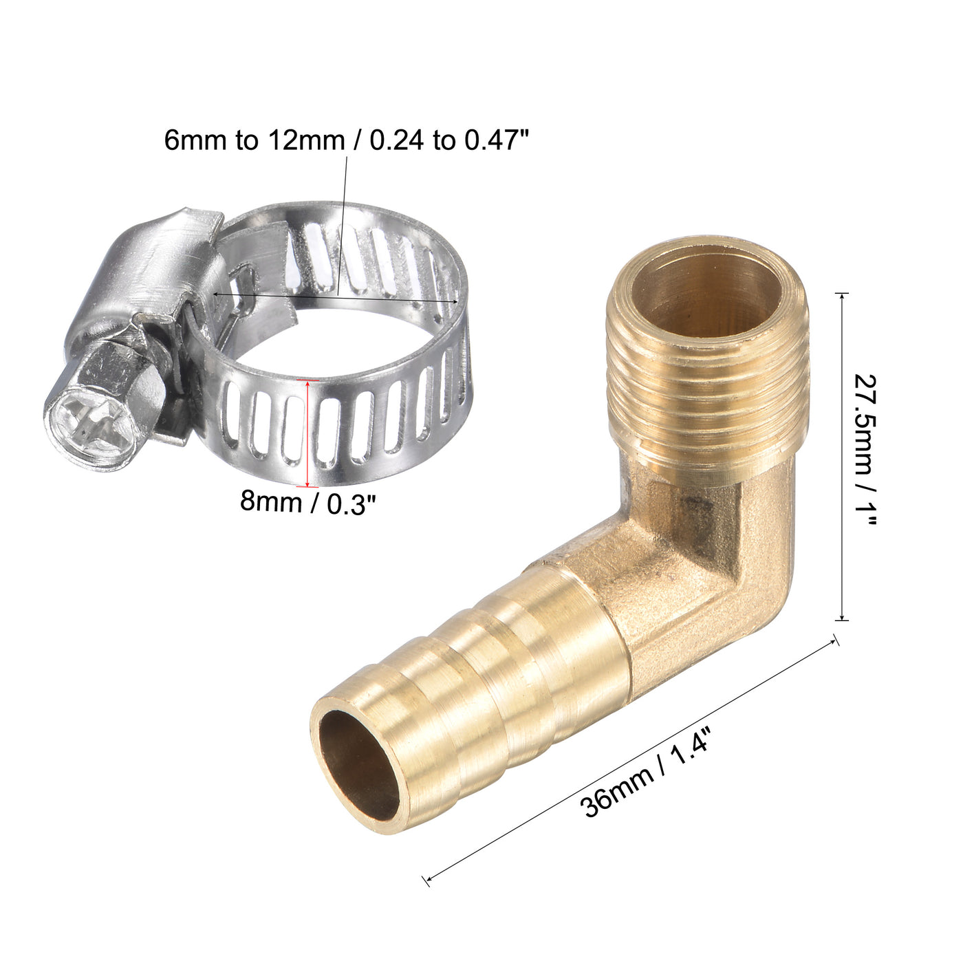 uxcell Uxcell Brass Hose Barbed Fitting Elbow Right Angle Pipe Connector with Stainless Steel Hose Clamps