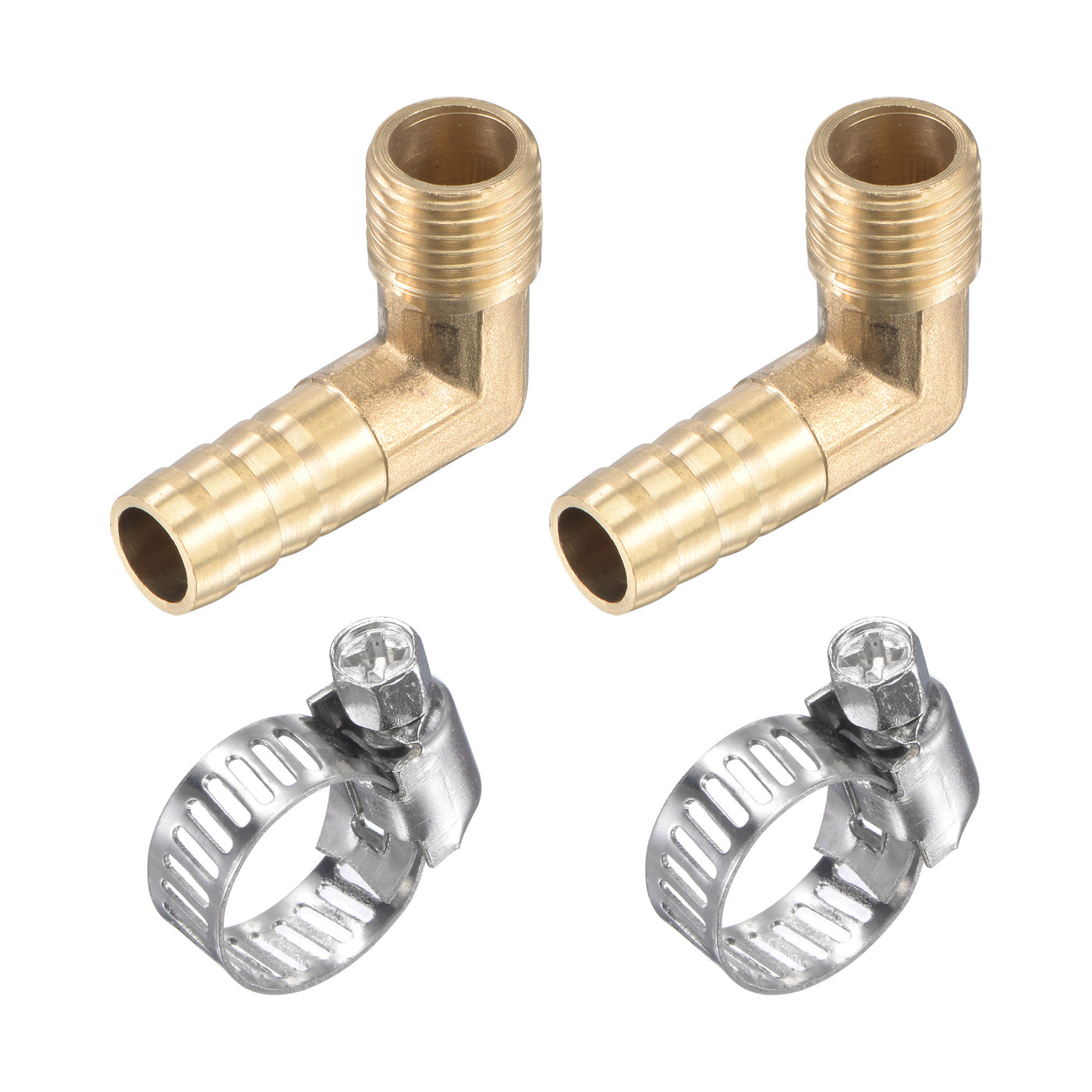 uxcell Uxcell Brass Hose Barbed Fitting Elbow Right Angle Pipe Connector with Stainless Steel Hose Clamps