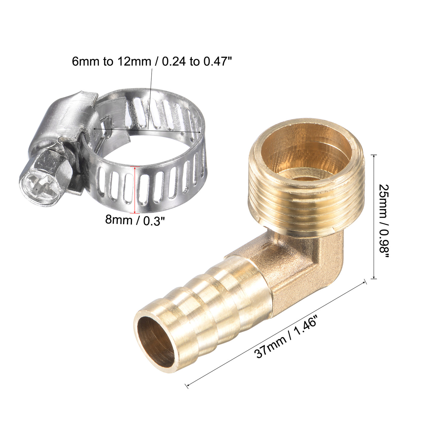 uxcell Uxcell Brass Hose Barbed Fitting Elbow Right Angle Pipe Connector with Stainless Steel Hose Clamps