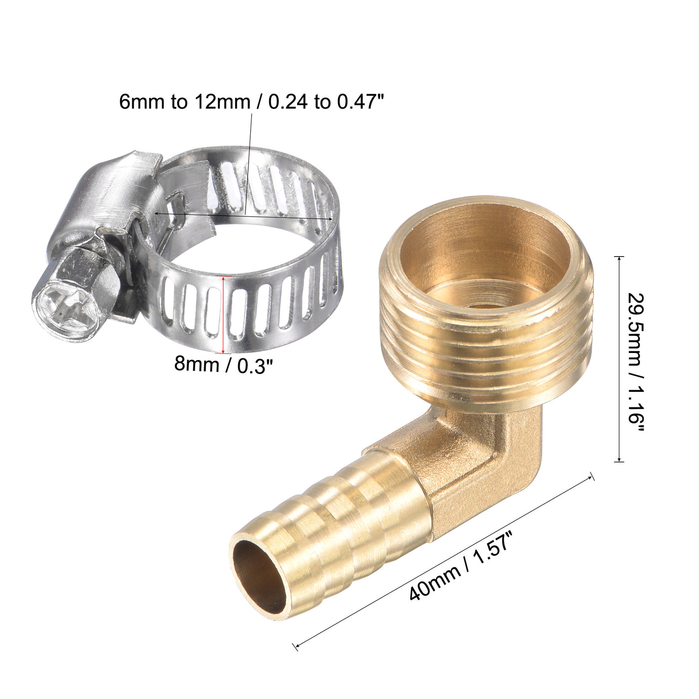 uxcell Uxcell Brass Hose Barbed Fitting Elbow Right Angle Pipe Connector with Stainless Steel Hose Clamps