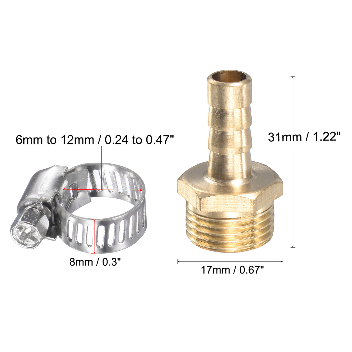 uxcell Uxcell Brass Hose Barb Fitting Straight Male Thread Pipe Connector with Stainless Steel Hose Clamp