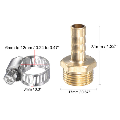 Harfington Uxcell Brass Hose Barb Fitting Straight Male Thread Pipe Connector with Stainless Steel Hose Clamp