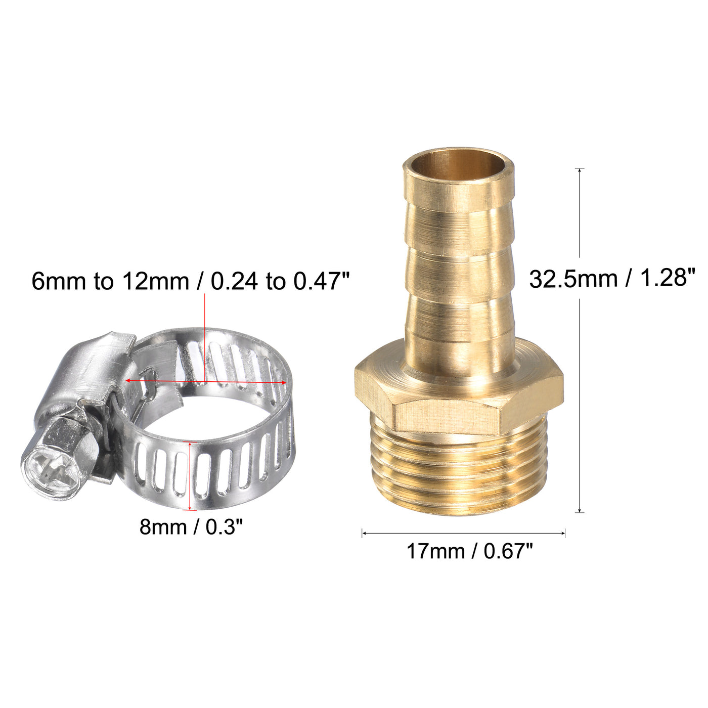 uxcell Uxcell Brass Hose Barb Fitting Straight Male Thread Pipe Connector with Stainless Steel Hose Clamp