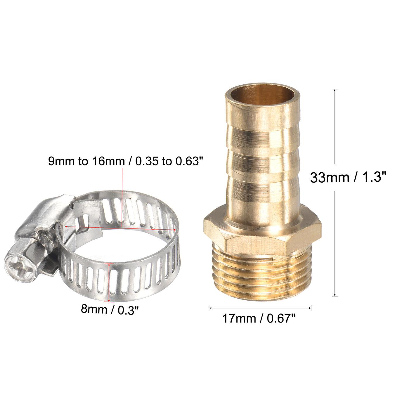 uxcell Uxcell Brass Hose Barb Fitting Straight Male Thread Pipe Connector with Stainless Steel Hose Clamp