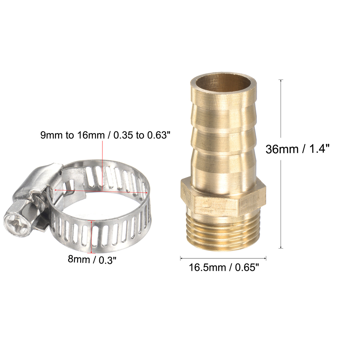 uxcell Uxcell Brass Hose Barb Fitting Straight Male Thread Pipe Connector with Stainless Steel Hose Clamp