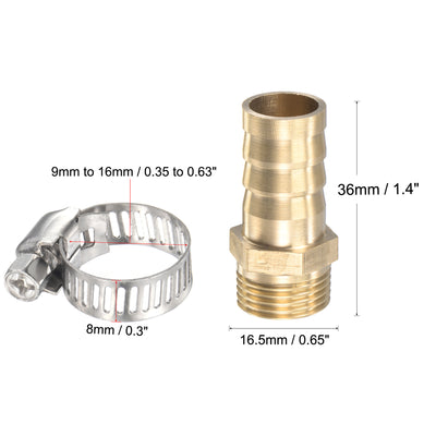 Harfington Uxcell Brass Hose Barb Fitting Straight Male Thread Pipe Connector with Stainless Steel Hose Clamp